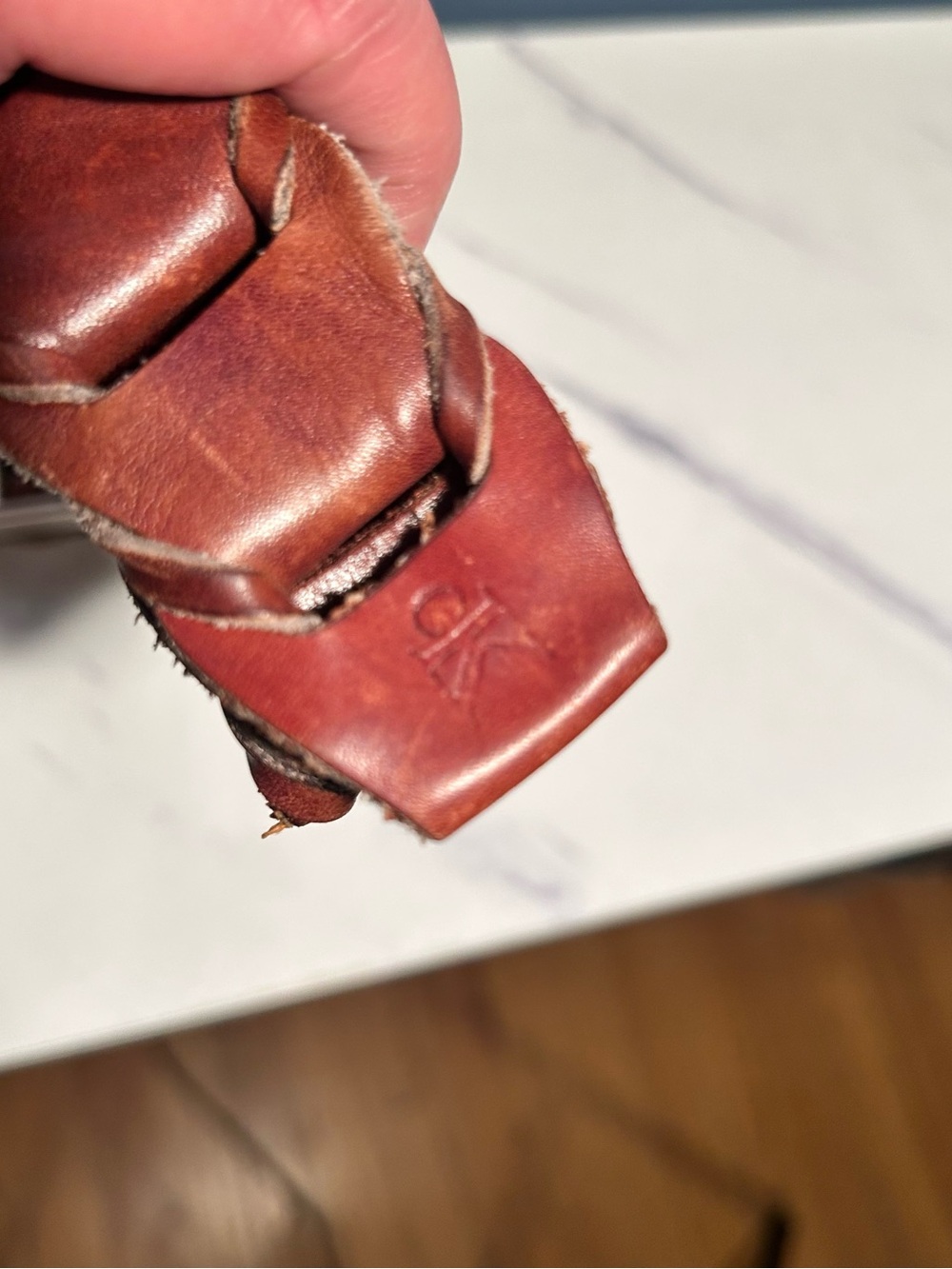 Calvin Klein Woven Brown Leather Belt with Brushed Silver Buckle - Picture 9 of 13